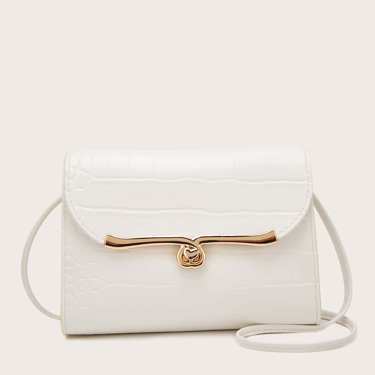 

Heart Lock Croc Embossed Crossbody Bag, White