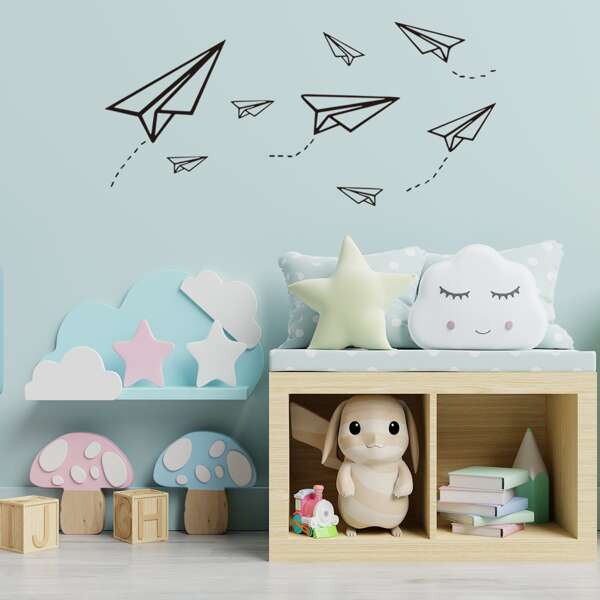 

Kids Paper Airplane Print Wall Sticker, Black