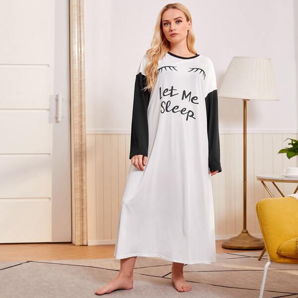 

Plus Slogan Graphic Contrast Drop Shoulder Night Dress, White