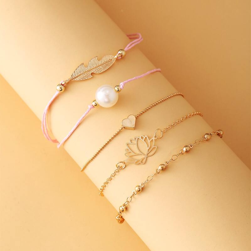 

5pcs Leaf & Flower Design Bracelet, Multicolor
