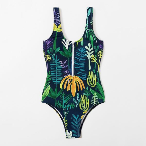 

Leaf Print Zip-up One Piece Swimsuit, Multicolor