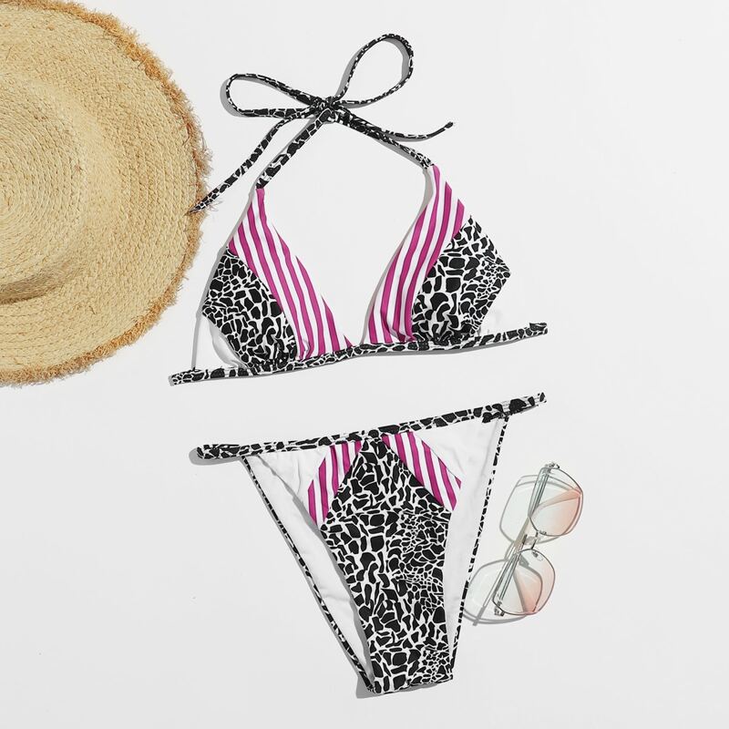

Allover Contrast Striped Triangle Bikini Swimsuit, Multicolor