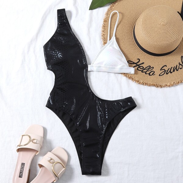 

Snakeskin Metallic Cut-out One Piece Swimsuit, Black and white