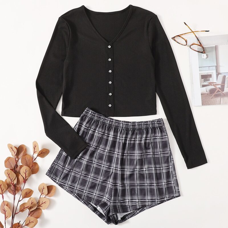 

Plaid Shorts Lounge Set, Black