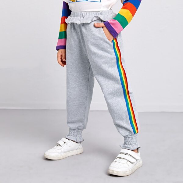 

Toddler Girls Ruffle Trim Contrast Rainbow Striped Side Joggers, Light grey