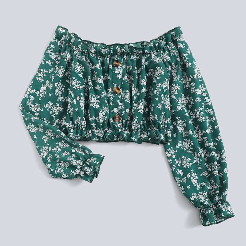 

Ditsy Flower Button Off The Shoulder Blouse, Dark green