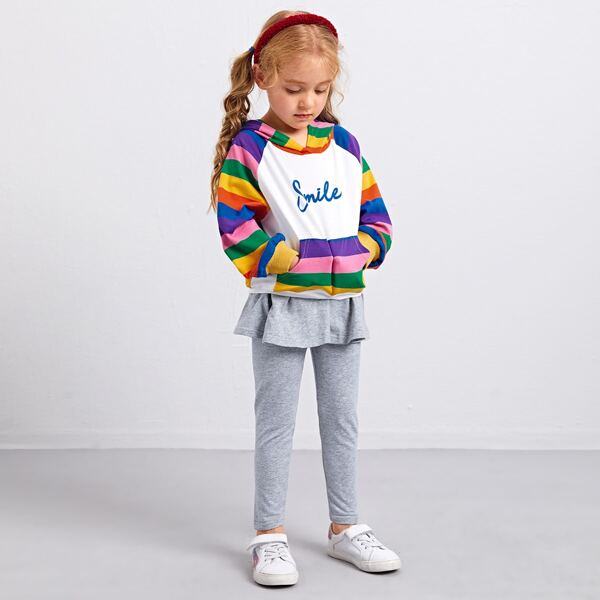 

Toddler Girls Rainbow Striped Panel Ruffle Hem Hoodie and Leggings Set, Multicolor