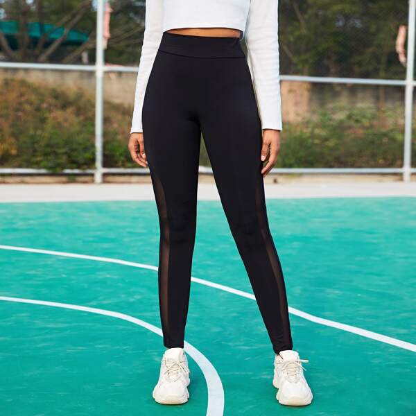 

Mesh Insert Solid Leggings, Black