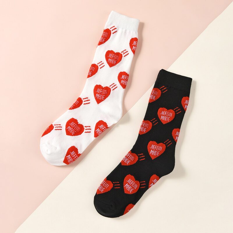 

2pairs Heart Crew Socks, Black and white