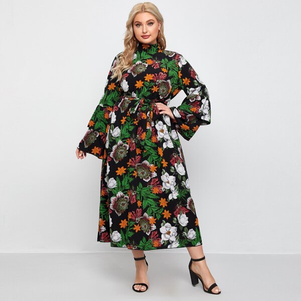 

Plus Layered Sleeve Allover Floral Belted Dress, Multicolor
