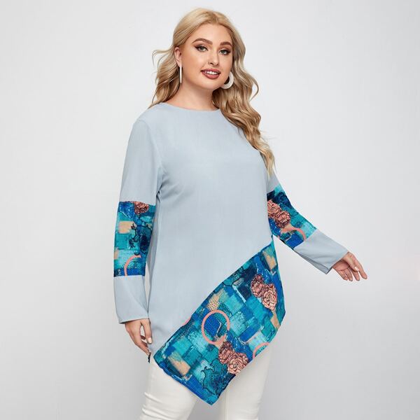 

Plus Floral Print Asymmetrical Hem Keyhole Back Blouse, Baby blue