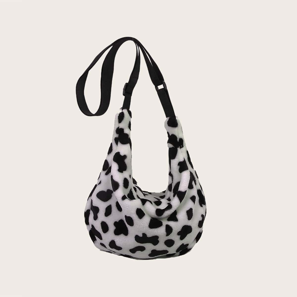 

Cow Print Fluffy Crossbody Bag, Black and white