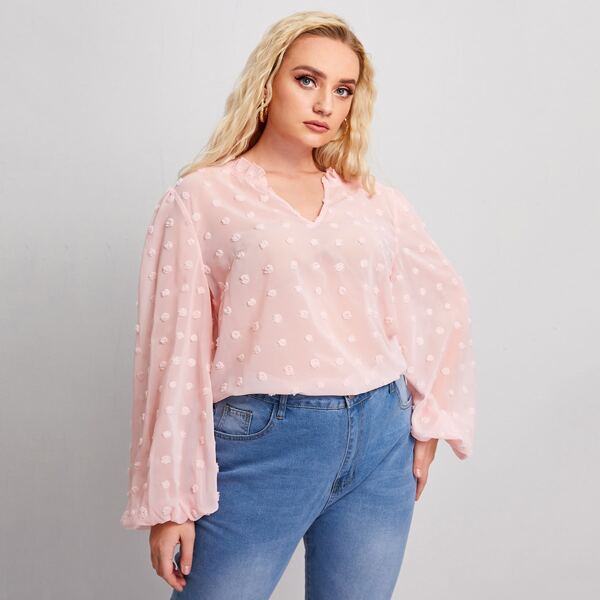 

Plus Lantern Sleeve Swiss Dot Blouse, Baby pink