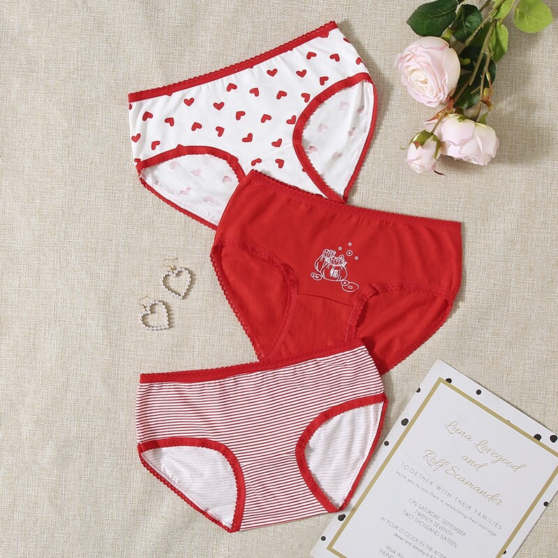 

3pack Striped Heart Print Panty Set, Red and white