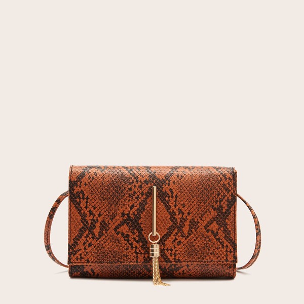

Metal Tassel Charm Snakeskin Crossbody Bag, Brown