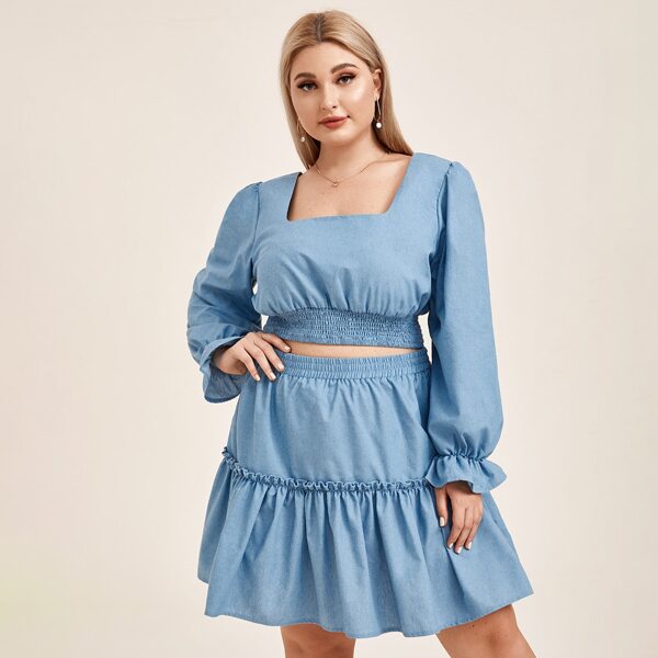 

Plus Square Neck Crop Denim Top & Ruffle Hem Skirt, Medium wash
