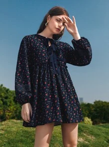 SHEIN LUNE Knot Front Ditsy Floral Smock Dress - Navy Blue - View 1