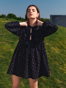 SHEIN LUNE Knot Front Ditsy Floral Smock Dress - Navy Blue - View 3