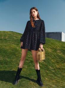 SHEIN LUNE Knot Front Ditsy Floral Smock Dress - Navy Blue - View 4