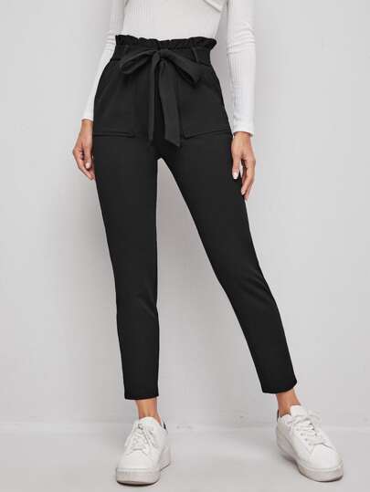 SHEIN Essnce Paperbag Waist Tie Front Skinny Black Pants