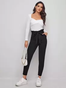 SHEIN Essnce Paperbag Waist Tie Front Skinny Black Pants