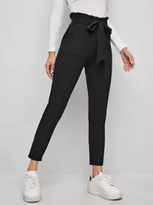 SHEIN Essnce Paperbag Waist Tie Front Skinny Black Pants