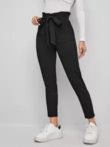 SHEIN Essnce Paperbag Waist Tie Front Skinny Black Pants