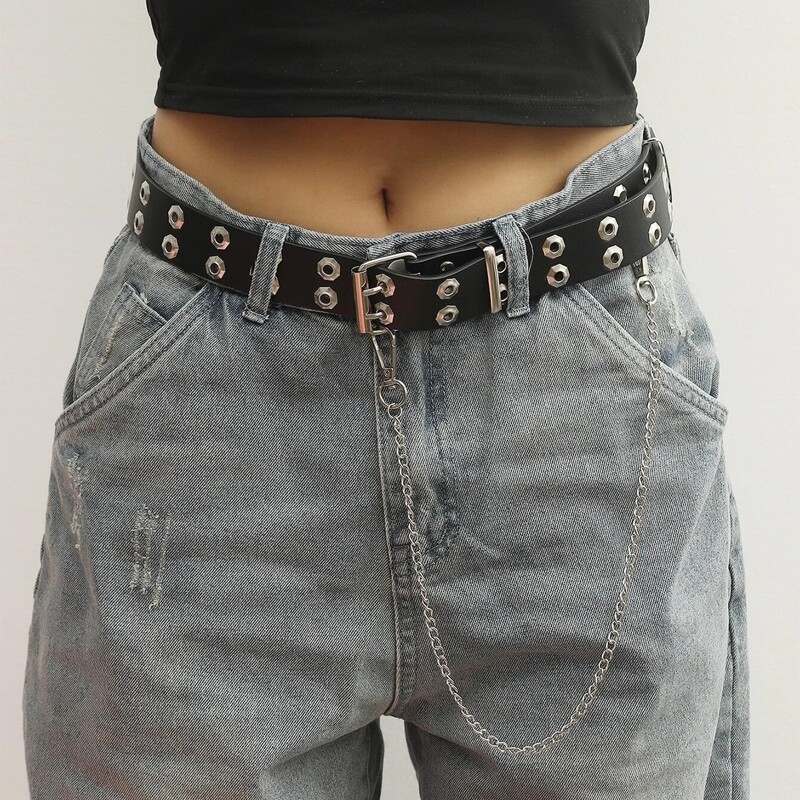 

Grommet Buckle Belt With Pants Chain, Black