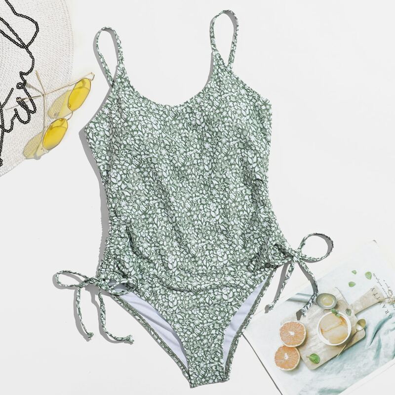 

Ditsy Floral Drawstring One Piece Swimsuit, Mint green