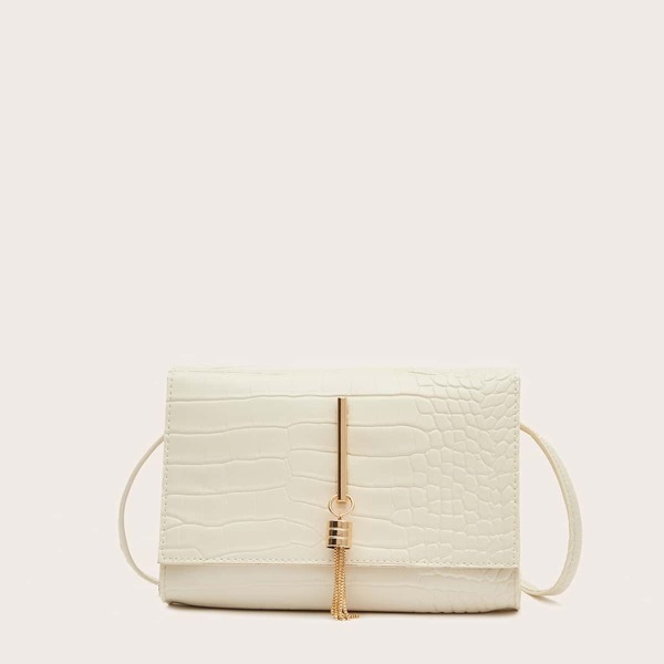 

Metal Tassel Charm Croc Embossed Crossbody Bag, Beige
