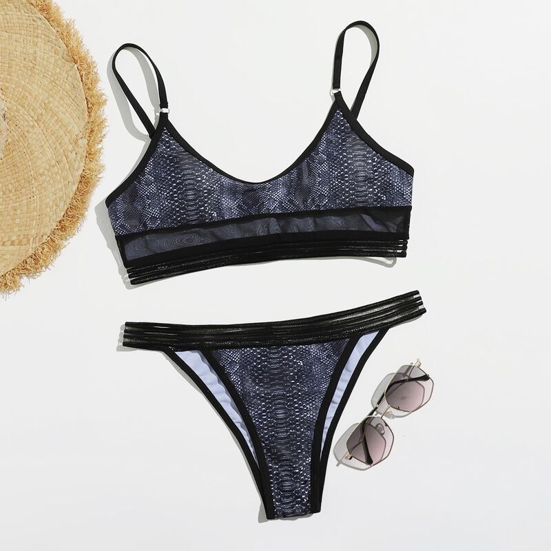 

Snakeskin Mesh Insert Bikini Swimsuit, Multicolor