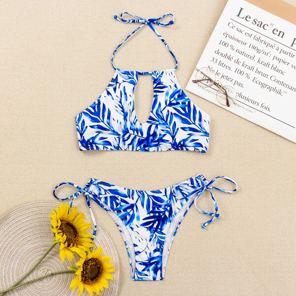 

Leaf Print Tie Side Bikini Swimsuit, Multicolor