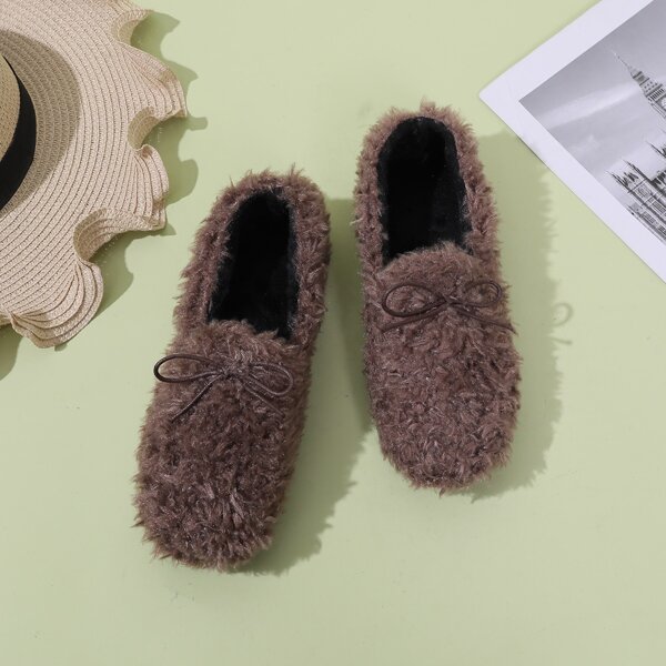

Round Toe Bow Decor Faux Fur Flats, Brown