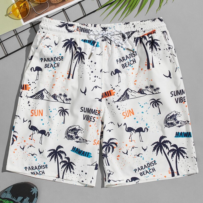 

Guys Palm Tree & Letter Graphic Drawstring Swim Shorts, White
