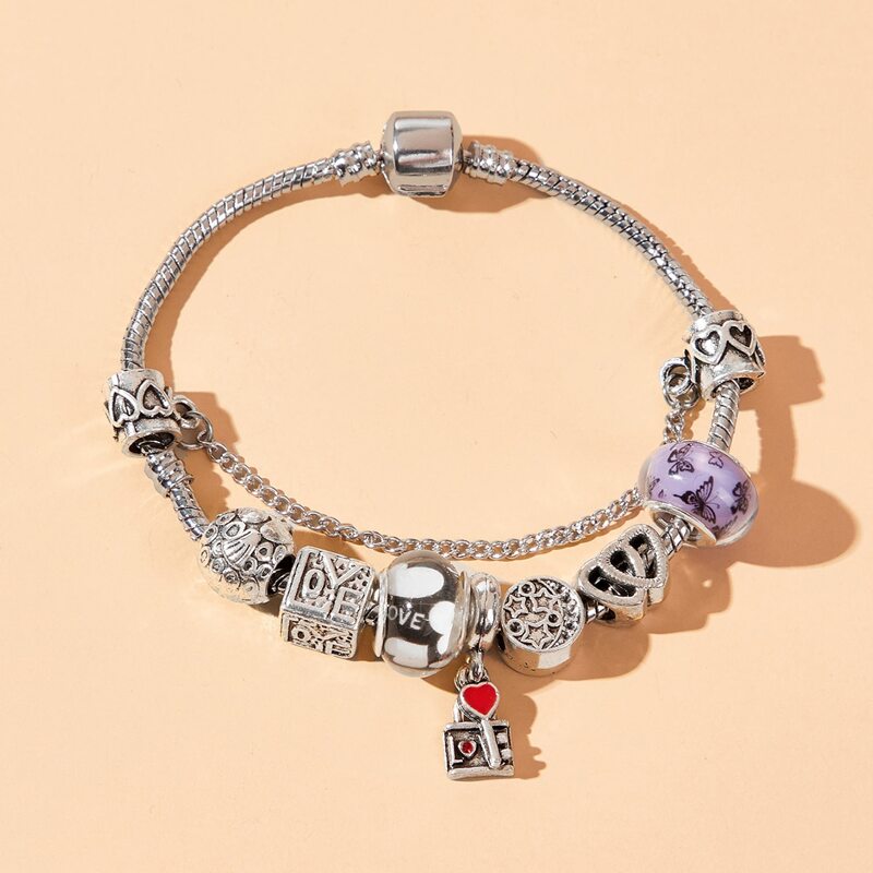

Lock & Heart Design Bracelet, Silver