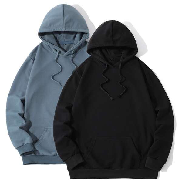 

Men 2pcs Kangaroo Pocket Drawstring Hoodie, Multicolor