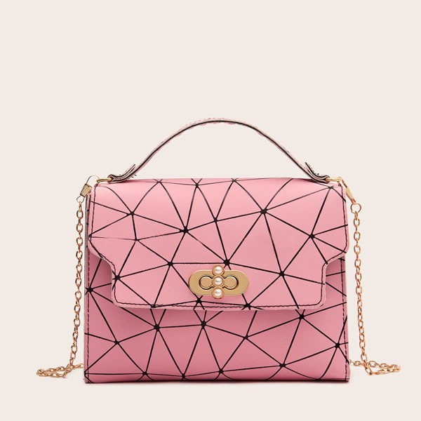 

Faux Pearl Decor Geometric Pattern Satchel Bag, Pink