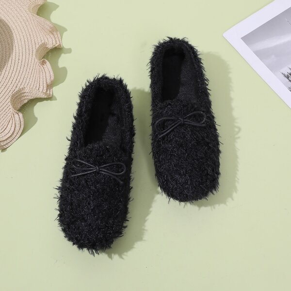 

Round Toe Bow Decor Faux Fur Flats, Black