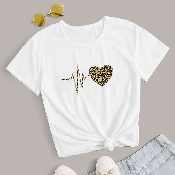 

Heart And Cheetah Print Tee, White