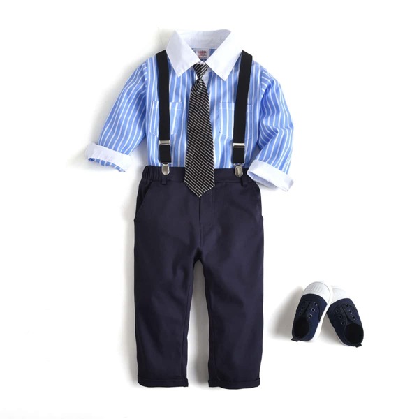 

Toddler Boys Striped Print Tie Neck Shirt With Pinafore Pants, Blue