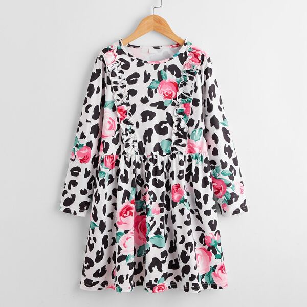 

Girls Flower Print Ruffle Trim Dress, Multicolor