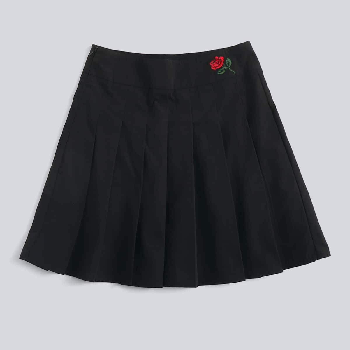 

Rose Embroidery Pleated Skirt, Black