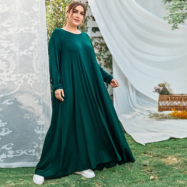 

Plus Drop Shoulder Pleated Dress, Dark green