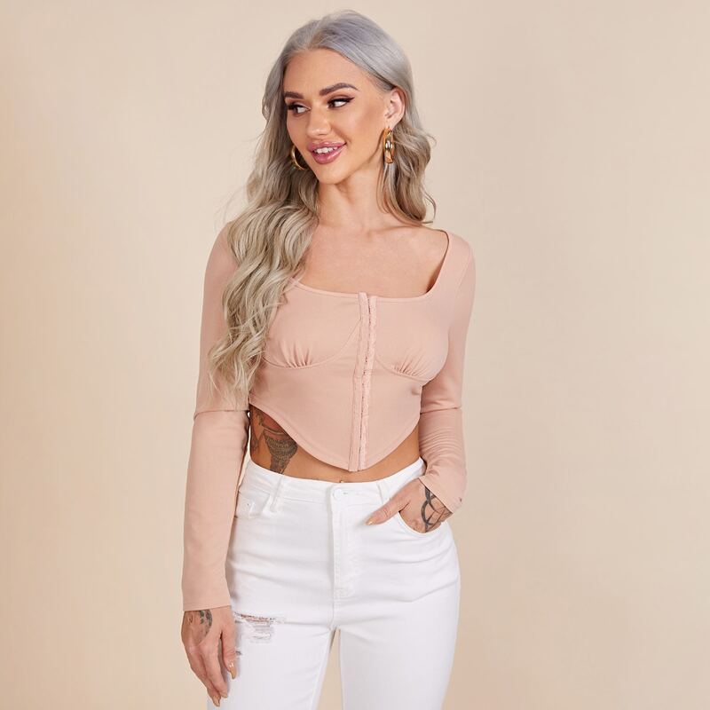

Ruched Bust Hook-and-Eye Front Asymmetrical Crop Top, Apricot