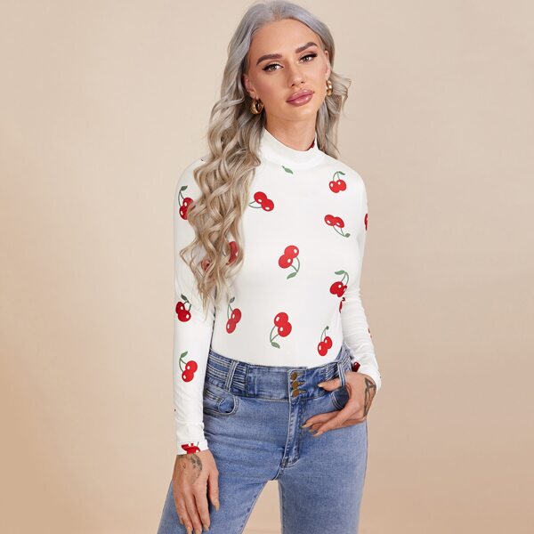 

Mock Neck Cherry Print Tee, White