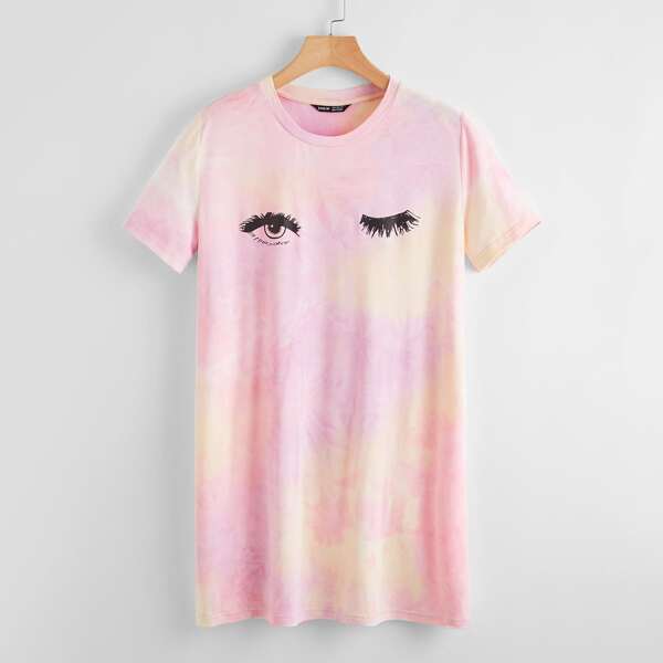 

Tie-Dye Wash Wink Eye Graphic T-Shirt Dress, Multicolor