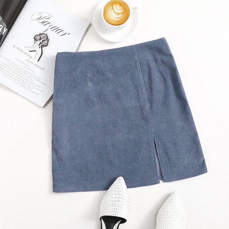 

Zipper Side Split Hem Cord Skirt, Dusty blue