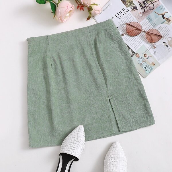 

Zipper Side Split Hem Cord Skirt, Mint green