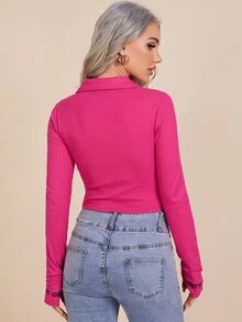 SHEIN Essnce Embroidery Letter Thumb Hole Zipper Placket Tee - Hot Pink - View 2