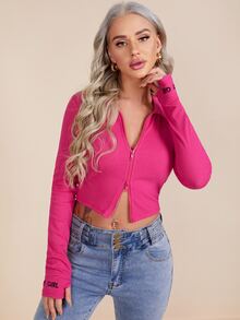 SHEIN Essnce Embroidery Letter Thumb Hole Zipper Placket Tee - Hot Pink - View 3
